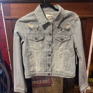 Driftwood striped blue and white jean jacket with floral embroidery, small